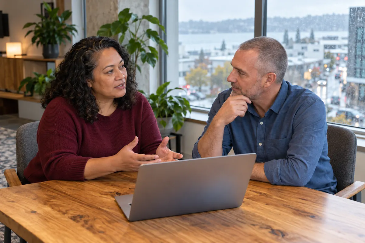 A specialist and a business owner talking at a laptop